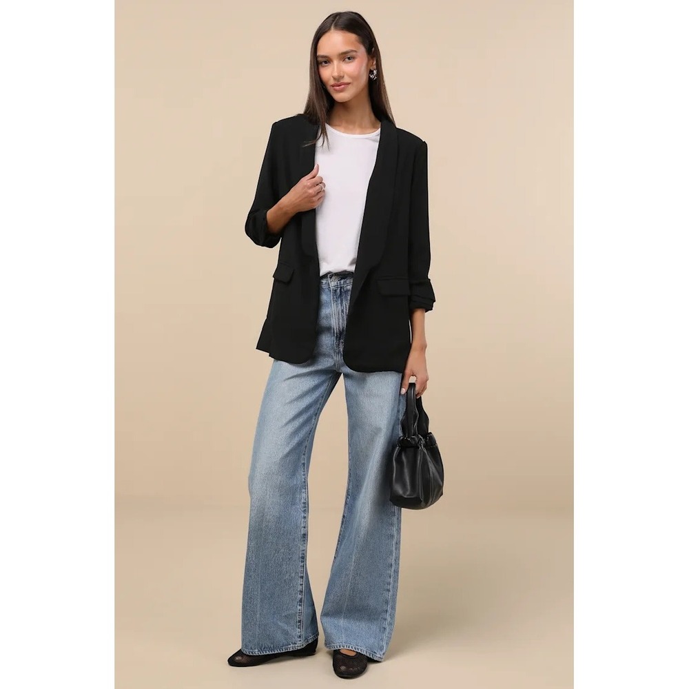 Lulus Small Black Blazer Ruched 3/4 Sleeve Open Front Career Chic Office